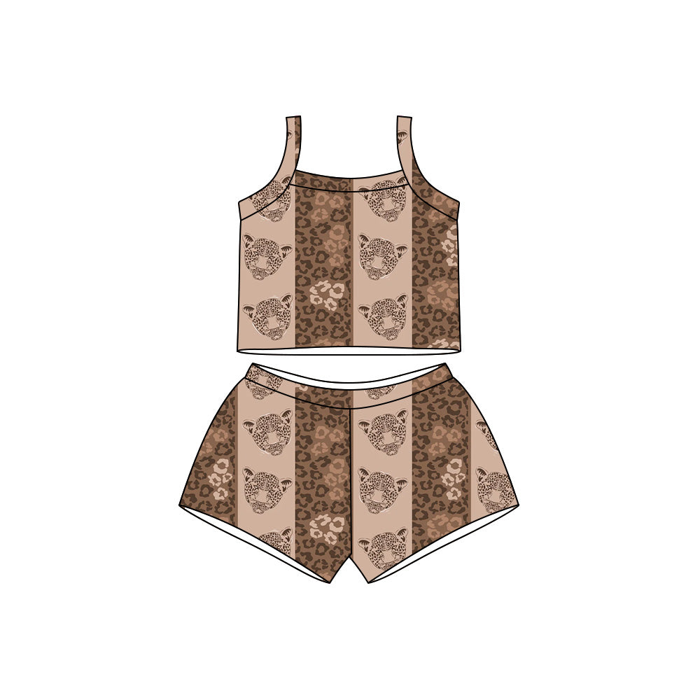 Preorder moq 5 Baby Girls Strap Brown Leopard Top Short Hunting Clothes Sets