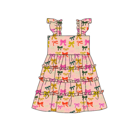 Preorder (moq 5)Baby Girls Flutter Sleeve Colorful Bows Patchwork Knee Length Dresses