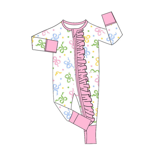 Preorder (moq 8)Baby Girls Colorful Bows Polka Dots Ruffle Zipper Footie Rompers