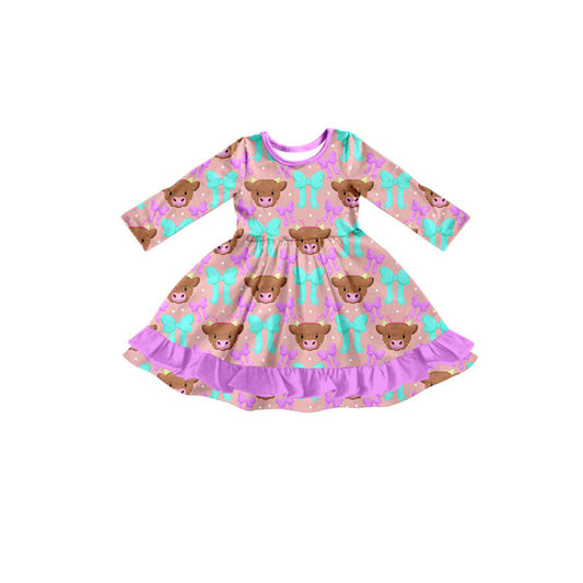Preorder (moq 5)Baby Girls Bows Cows Western Ruffle Knee Length Dresses