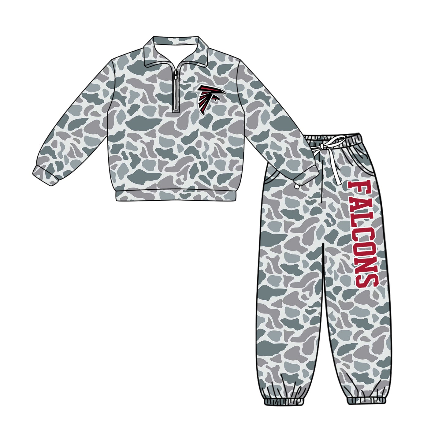 Preorder(moq 5)Baby Boys Grey Camo Falcons Zip Pullover Pockets Joggers Team Clothes Sets