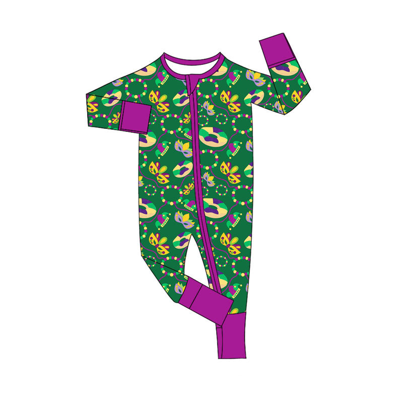 Preorder (moq 5)Baby Girls Mardigras Anchors Donuts Zipper Footie Rompers