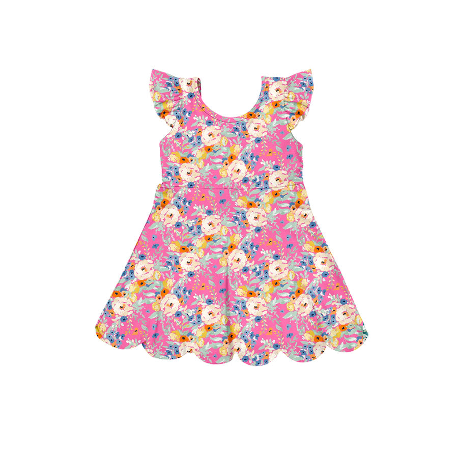 Preorder (moq 5)Baby Girls Flutter Sleeve Colorful Floral Scallop Knee Length Dresses