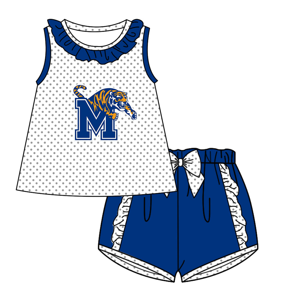 Preorder (moq 5)Baby Girls Polka Dots M Tiger Collar Tunic Ruffle Shorts Team Clothes Sets