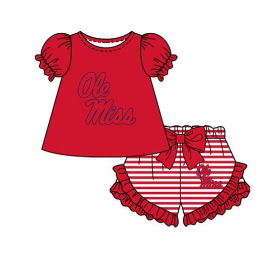 Preorder moq 5 Baby Girls Short Sleeve Ole Miss Top Stripe Ruffle Short Team Clothes Sets