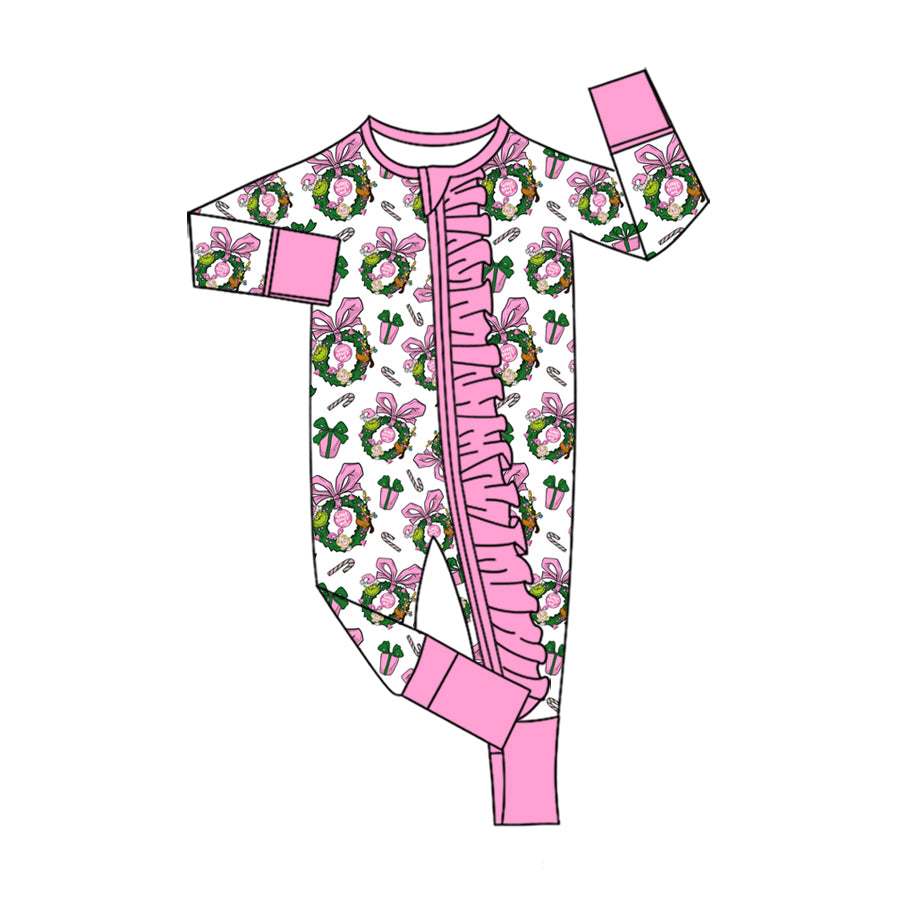Preorder (moq 5) Baby Girls Bows Holly Christmas Two Way Ruffle Zip Convertible Rompers