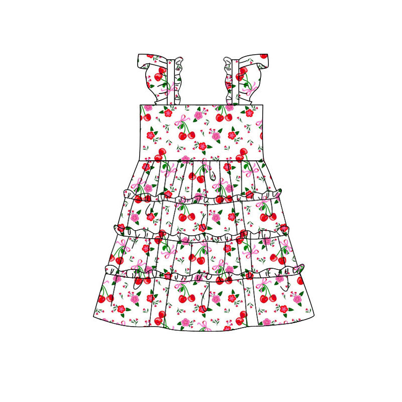 Preorder (moq 5)Baby Girls Flutter Sleeve Flower Bows Cherry Patchwork Knee Length Dress