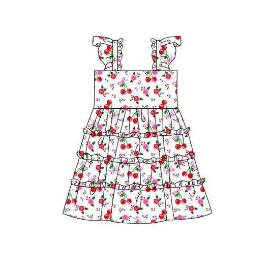 Preorder (moq 5)Baby Girls Flutter Sleeve Flower Bows Cherry Patchwork Knee Length Dress