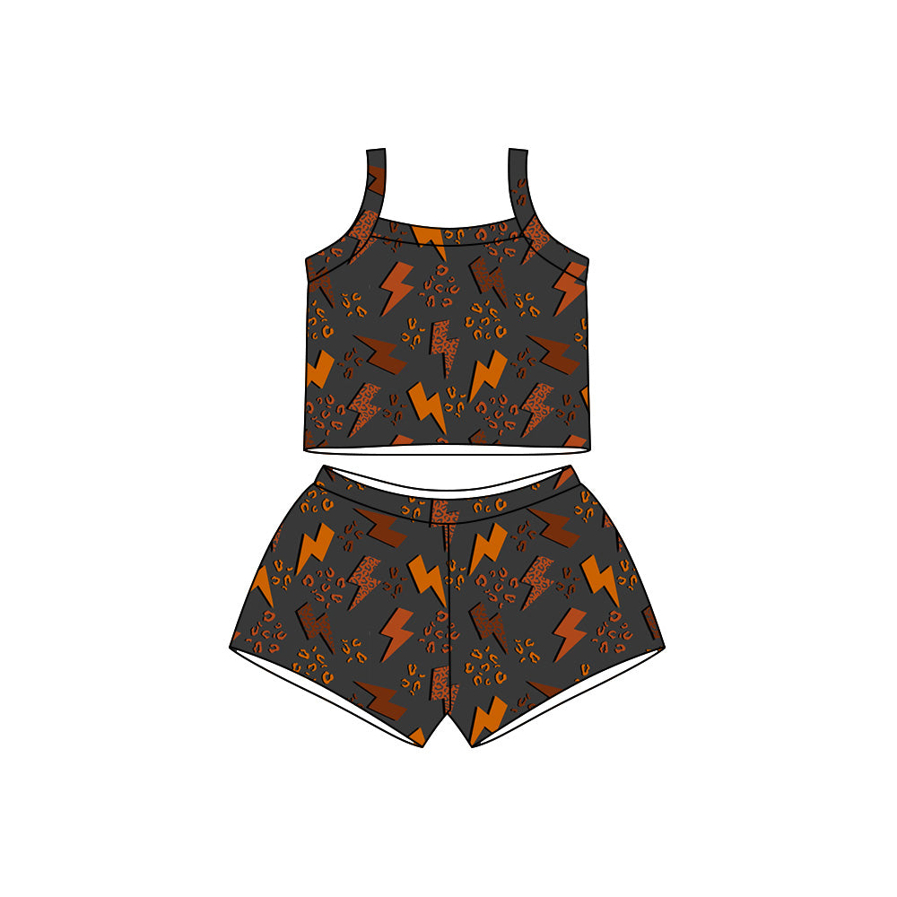 Preorder moq 5 Baby Girls Strap Brown Leopard Lightnings Top Short Clothes Sets