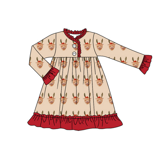 Preorder (moq 5)Baby Girls Bows Deer Christmas Button Ruffle Knee Length Dress