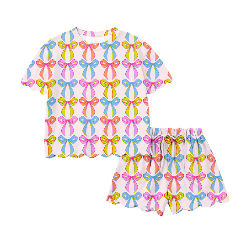 Preorder (moq 5)Baby Girls Colorful Bows Top Scallop Shorts Clothes Sets
