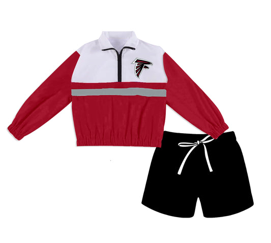 Preorder (moq 5)Baby Girls Red Falcons Zip Pullovers Black Pockets Short Team Clothes Set