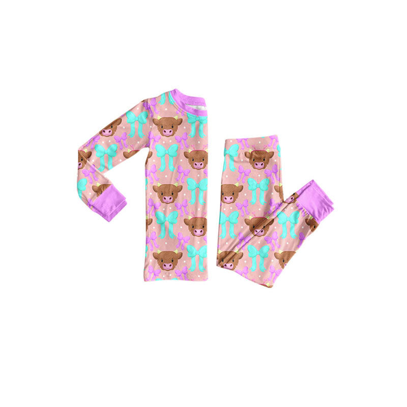 Preorder (moq 5)Baby Girls Bows Cows Top Pants Western Pajamas Sets