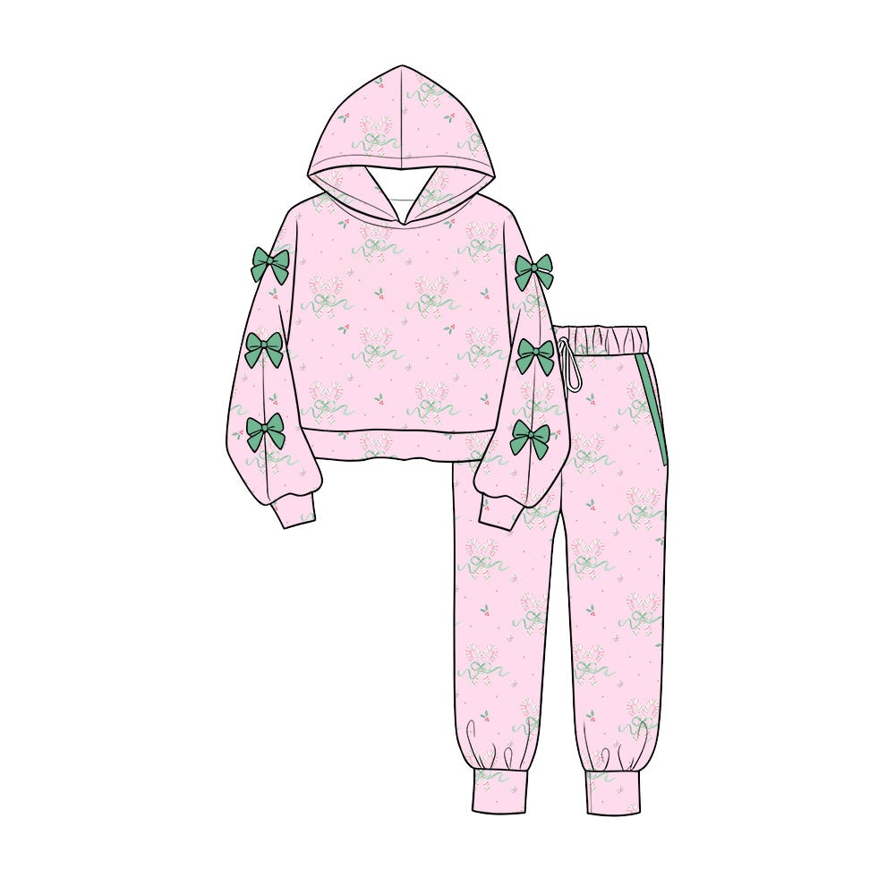 Preorder (moq 5) Baby Girls Bows Sleeves Candy Cane Hoodie Pockets Jogger Christmas Clothes Sets