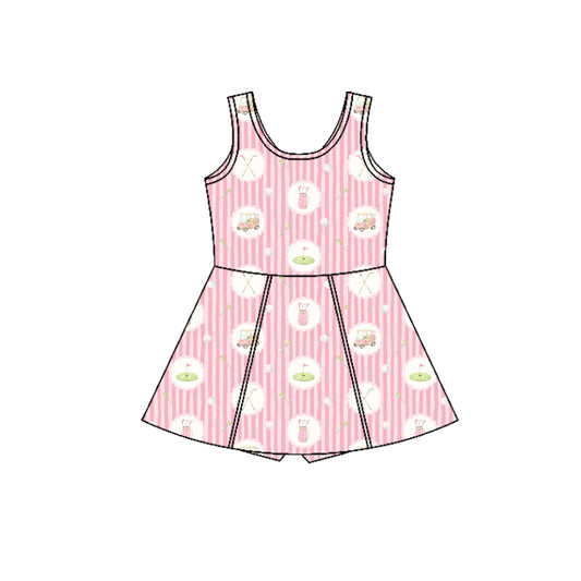 Preorder (moq 5)Baby Girls Sleeveless Pink Stripe Golf Trucks Shorts Knee Length Dresses