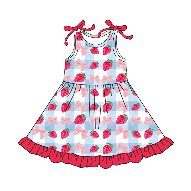 Preorder (moq 5)Baby Girls Sleeveless Bows Strawberry Checked Ruffle Knee Length Dresses