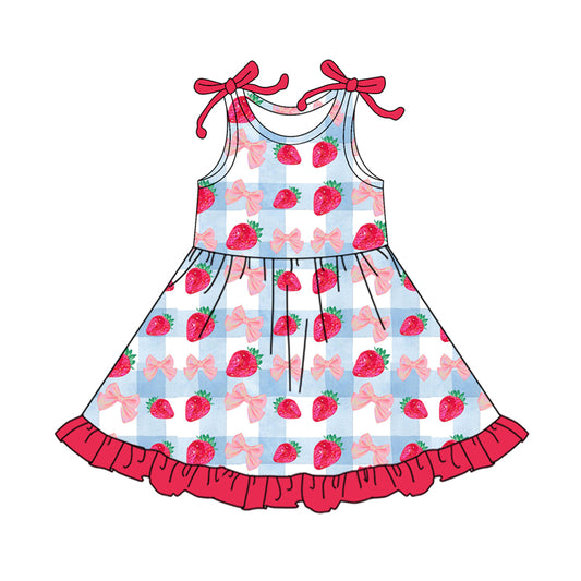 Preorder (moq 5)Baby Girls Sleeveless Bows Strawberry Checked Ruffle Knee Length Dresses