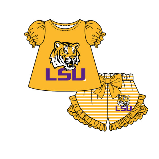 Preorder moq 5 Baby Girls Short Sleeve LSU Tigers Top Stripe Ruffle Short Team Clothes Sets