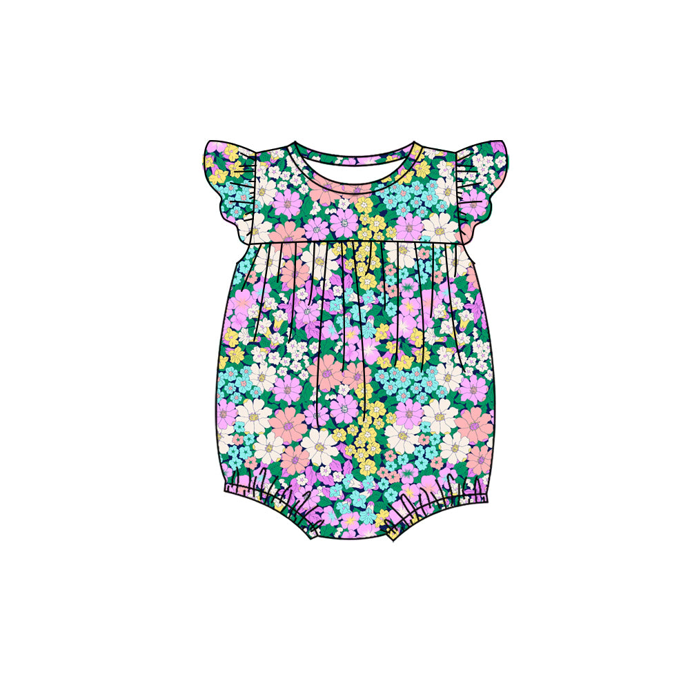 Preorder (moq 5)Baby Girls Flutter Sleeve Colorful Flowers Ruffle Rompers