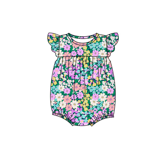 Preorder (moq 5)Baby Girls Flutter Sleeve Colorful Flowers Ruffle Rompers