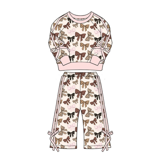 Preorder (moq 5)Baby Girls Colorful Leopard Bows Top Flare Pockets Pant Clothes Sets