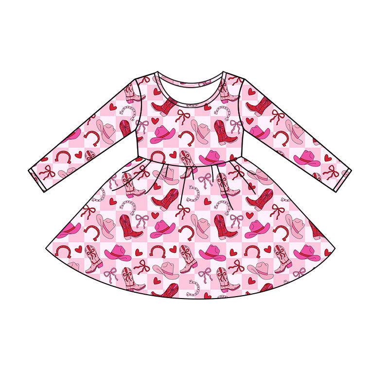 Preorder(moq 5) Baby Girls Pink Checked Hearts Boots Valentines Knee Length Dresses
