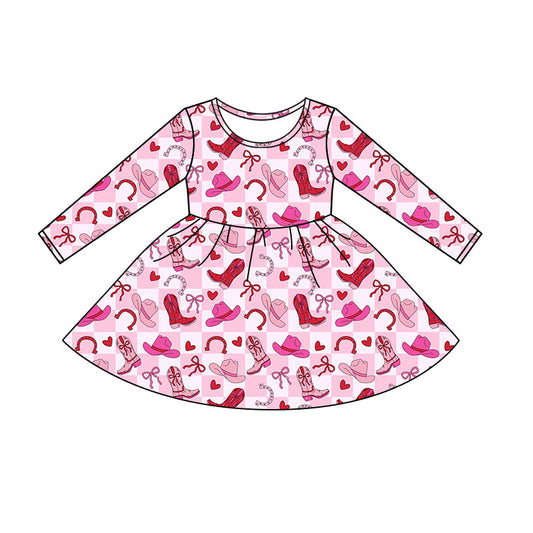 Preorder(moq 5) Baby Girls Pink Checked Hearts Boots Valentines Knee Length Dresses
