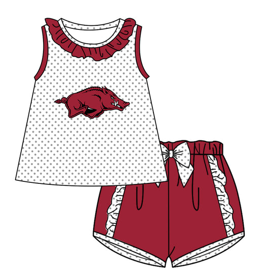 Preorder (moq 5)Baby Girls Polka Dots Red Bulls Collar Tunic Ruffle Shorts Team Clothes Sets