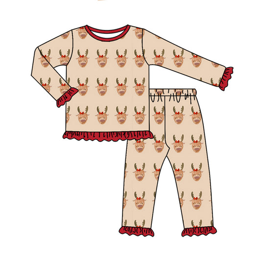 Preorder (moq 5)Baby Girls Bows Deer Top Ruffle Pant Christmas Pajamas Set