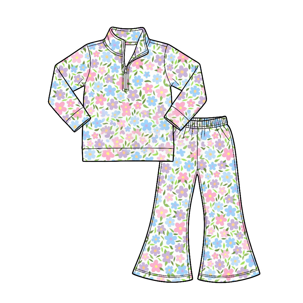 Preorder (moq 5) Baby Girl Clothes Pastel Blue Purple Wildflower Print Half Zip Top Flare Pants Set