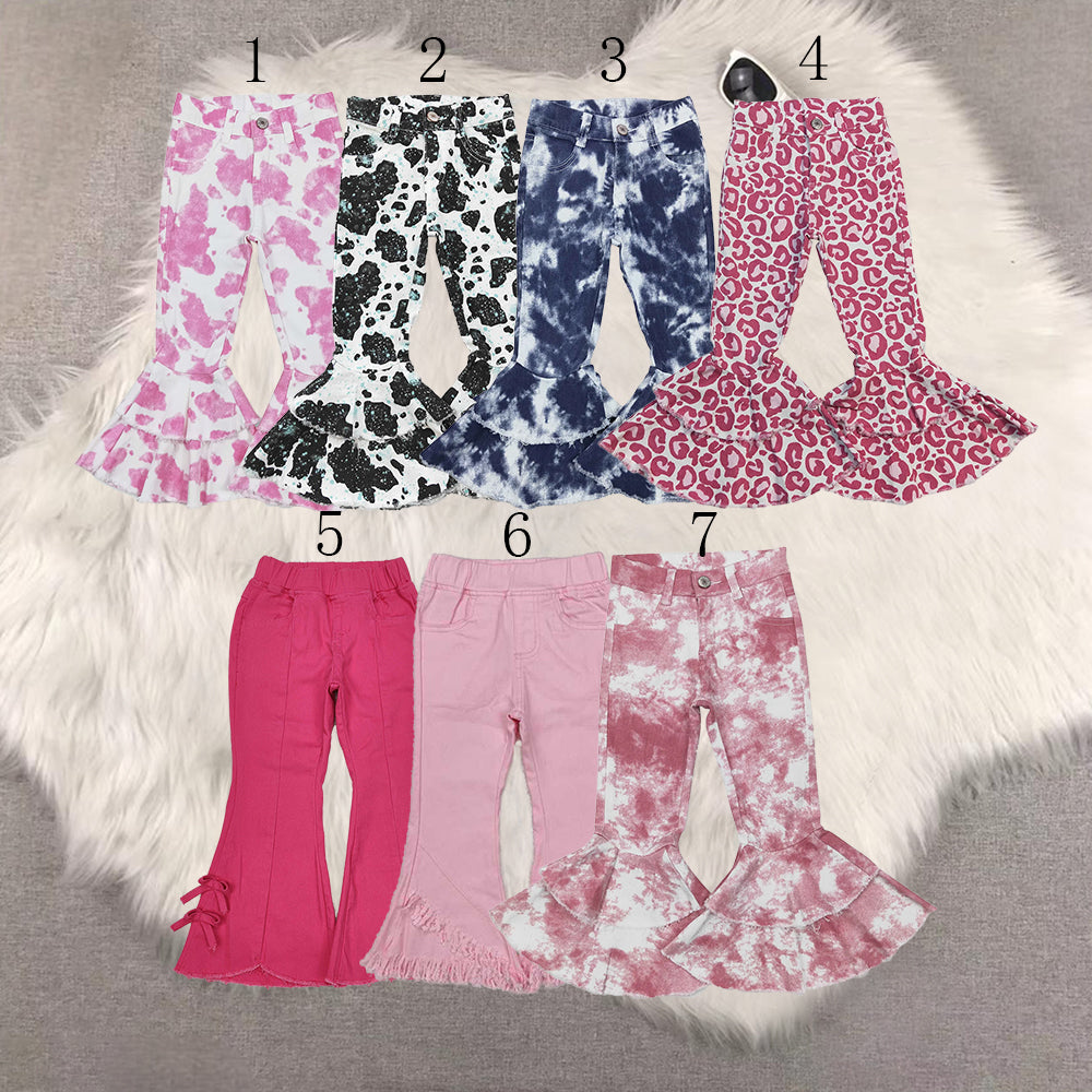 Sibling Baby Girls Colorful Cow Print Leopard Bell Bottom Denim Jeans Pants