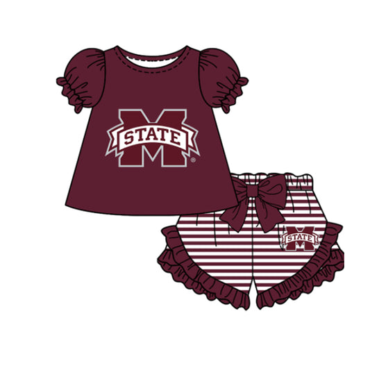 Preorder moq 5 Baby Girls Short Sleeve M State Top Stripe Ruffle Short Team Clothes Sets