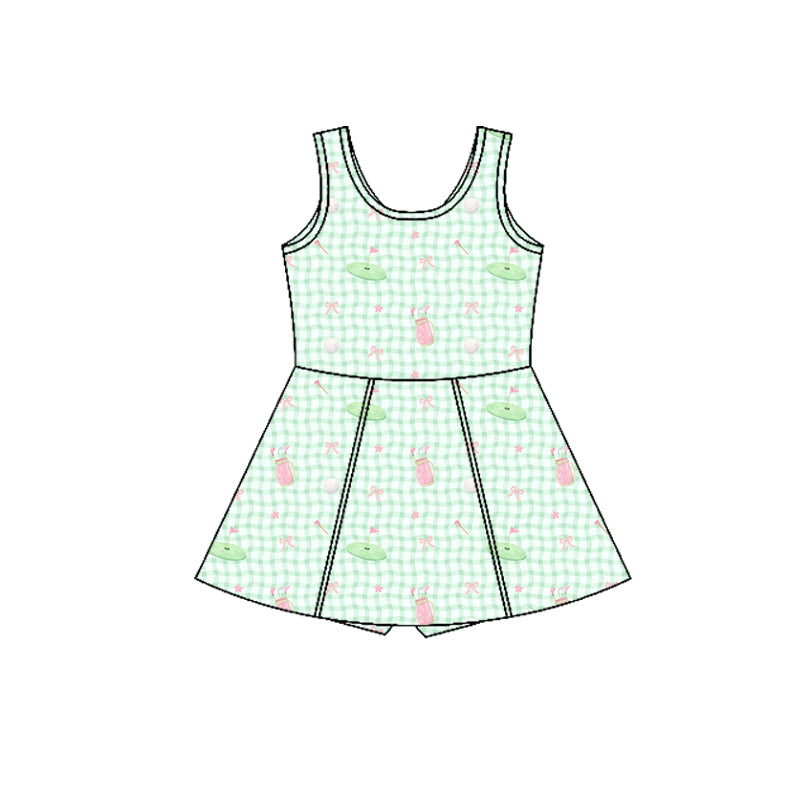 Preorder (moq 5)Baby Girls Sleeveless Green Checked Bow Golf Short Knee Length Dresses