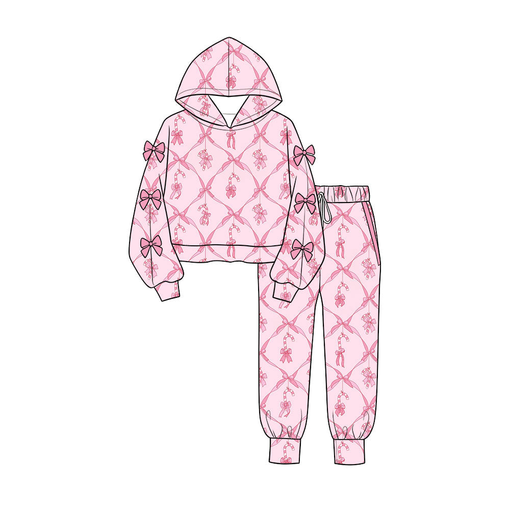 Preorder (moq 5) Baby Girls Bows Sleeves Candy Cane Hoodie Pockets Jogger Christmas Clothes Sets