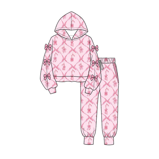 Preorder (moq 5) Baby Girls Bows Sleeves Candy Cane Hoodie Pockets Jogger Christmas Clothes Sets