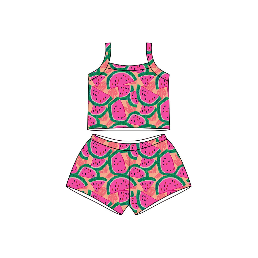 Preorder moq 5 Baby Girls Strap Watermelons Plaid Top Short Clothes Sets