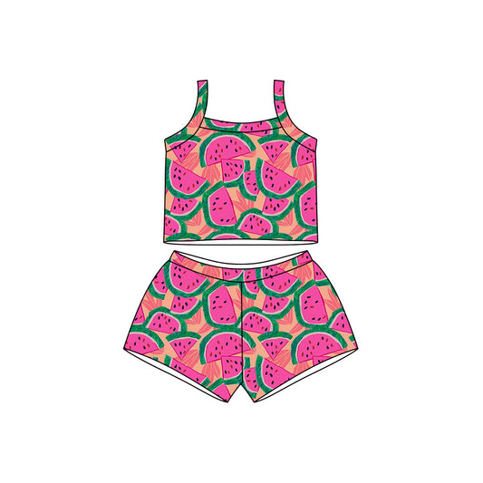Preorder moq 5 Baby Girls Strap Watermelons Plaid Top Short Clothes Sets