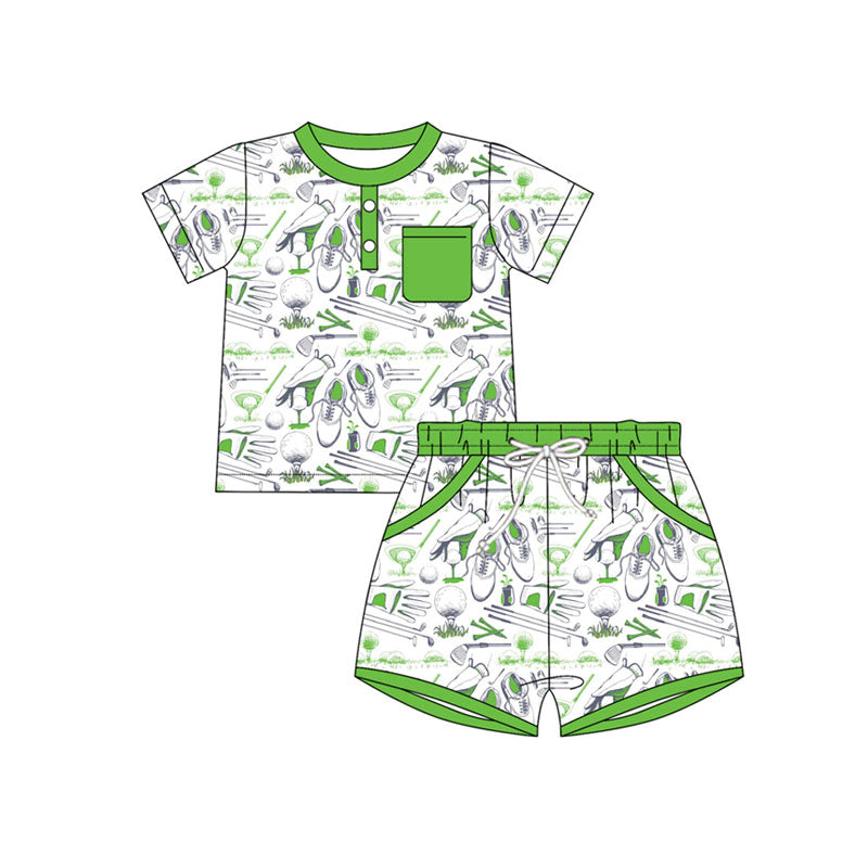 Preorder(moq 5) Baby Boys Green Golf Button Top Pocket Shorts Clothes Sets