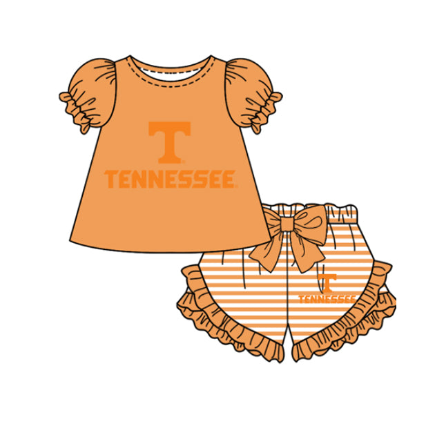 Preorder moq 5 Baby Girls Short Sleeve Tennessee Top Stripe Ruffle Short Team Clothes Sets
