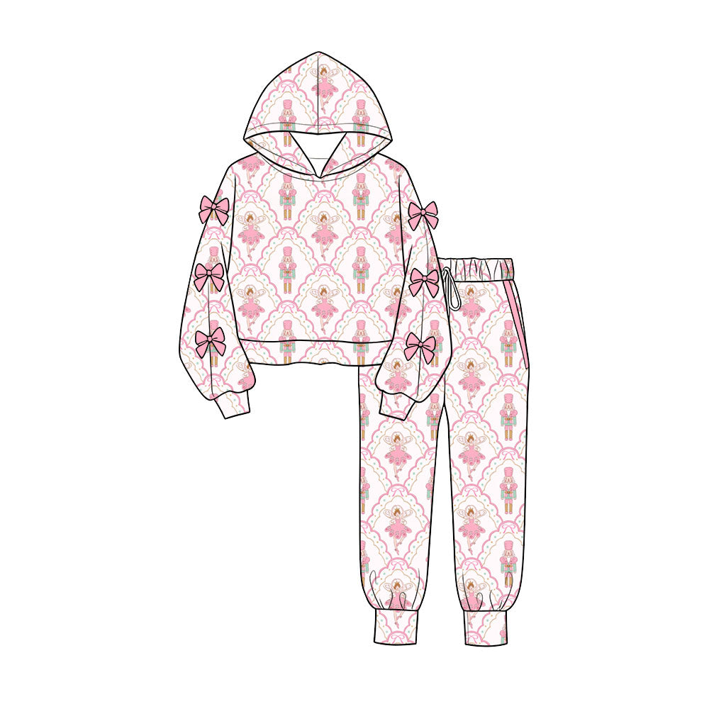 Preorder (moq 5) Baby Girls Bows Sleeves Bows Soldiers Hoodie Pockets Jogger Clothes Sets