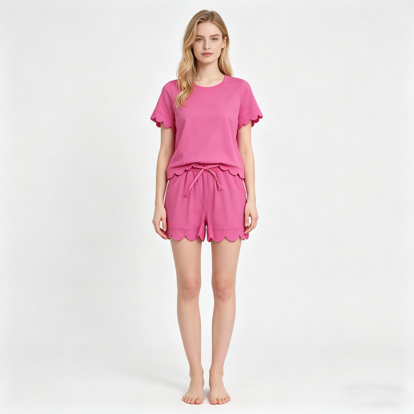 Mama and Me Girls Hot Pink Top Pockets Short Scallop Cotton Clothes Sets