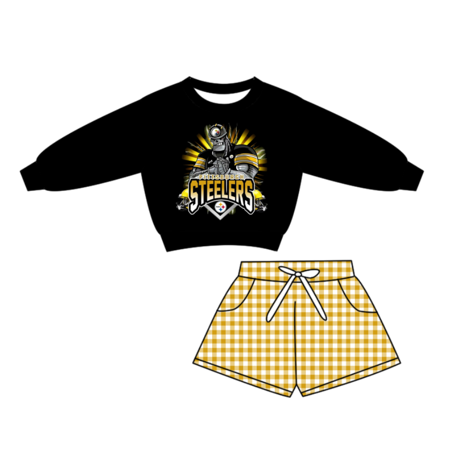 Preorder(moq 5) Baby Boys Steelers Pittaburgh Yellow Checked Pockets Shorts Team Clothes Sets