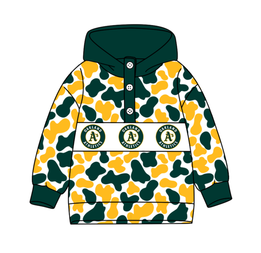 Preorder(moq 8)Baby Boys Green Yellow Camo Oakland Team Button Hoodies Top