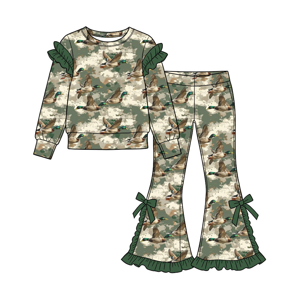 Preorder (moq 5) Baby Girl Clothes Camo Mallard Duck Print Long Sleeve Ruffle Top Flare Pant Set