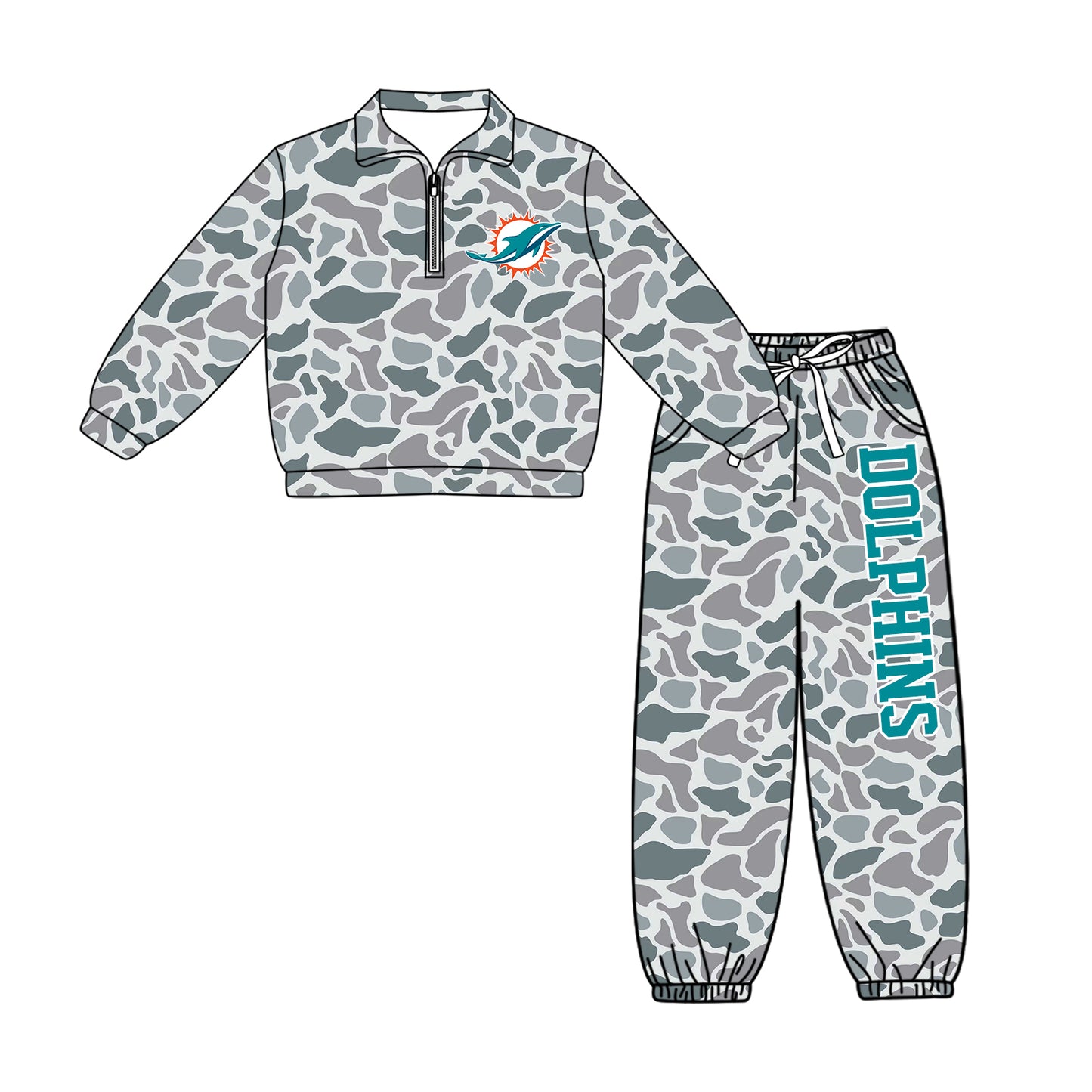 Preorder(moq 5)Baby Boys Grey Camo Dolphins Zip Pullover Pockets Joggers Team Clothes Sets