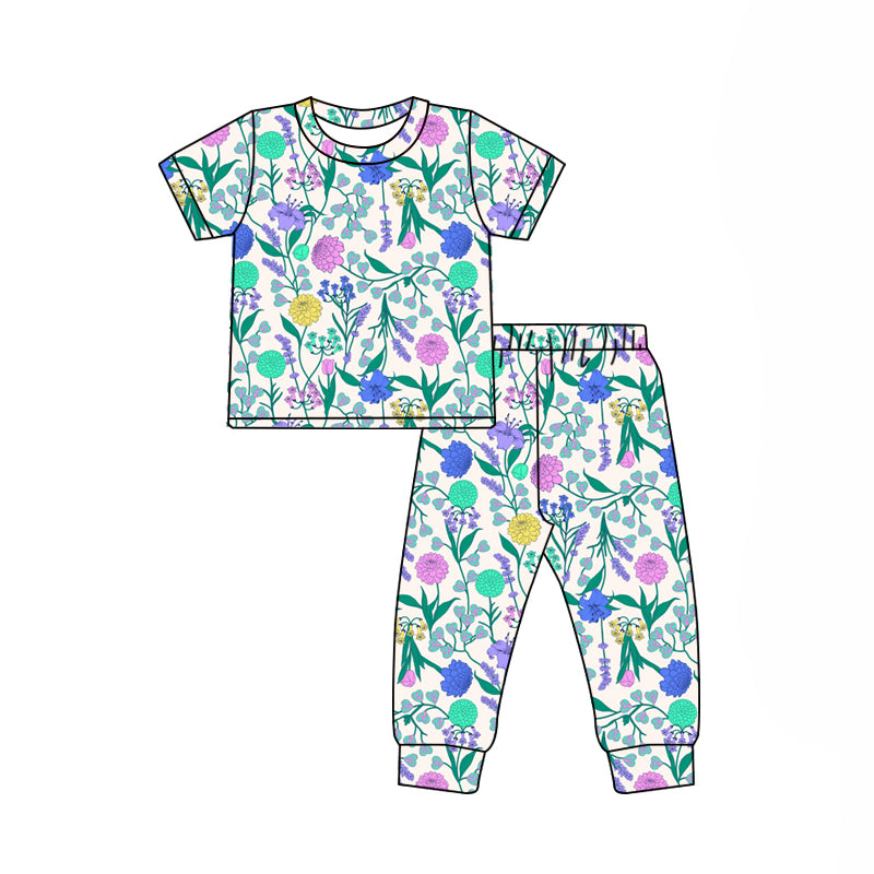 Preorder (moq 5)Baby Girls Short Sleeve Colorful Flowers Top Pants Pajamas Clothes Sets