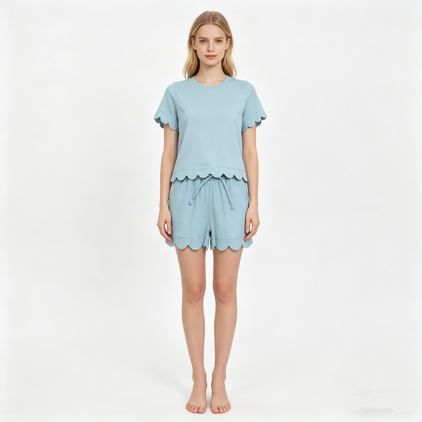 Mama and Me Girls Light Blue Top Pockets Short Scallop Cotton Clothes Sets