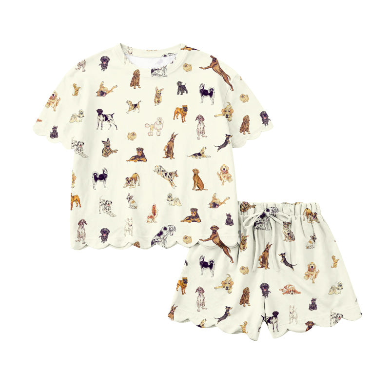 Preorder (moq 5)Baby Girls Colorful Dogs Top Scallop Shorts Hunting Clothes Sets