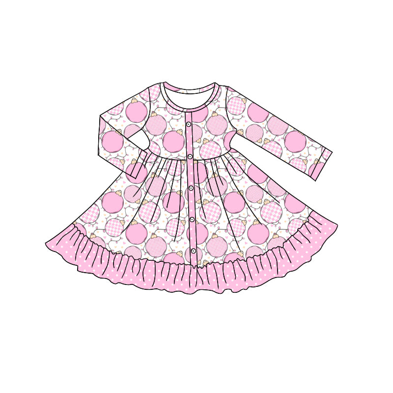 Preorder moq 5 Baby Girls Long Sleeves Pink Bulbs Plaid Button Ruffle Knee Length Dresses