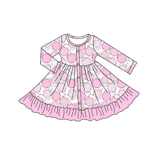 Preorder moq 5 Baby Girls Long Sleeves Pink Bulbs Plaid Button Ruffle Knee Length Dresses